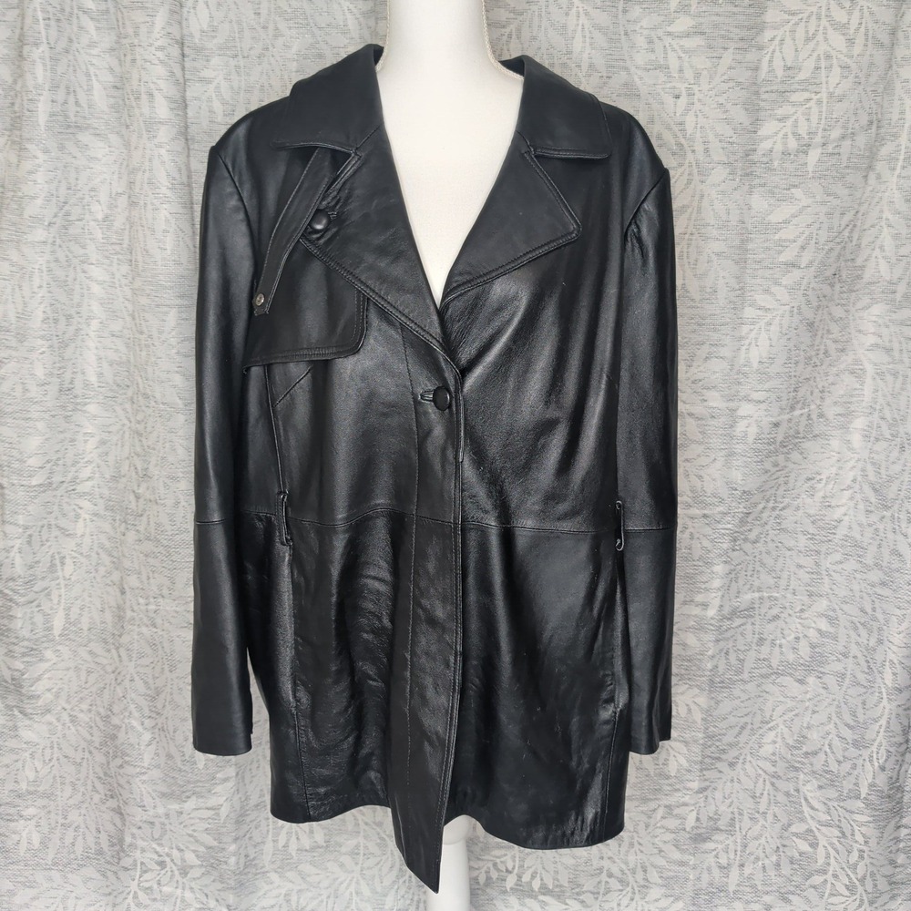 Vintage Avenue Black Leather Storm Flap Jacket Plus Size 22/24 Trench Style